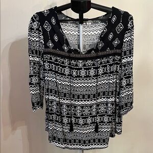 Cato Black & White Aztec Black Embroidered Fringe Stripe Long Sleeve Blouse